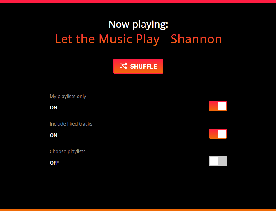 spotify shuffle app screen, shuffle button, playlist toggle, include like tracks toggle button