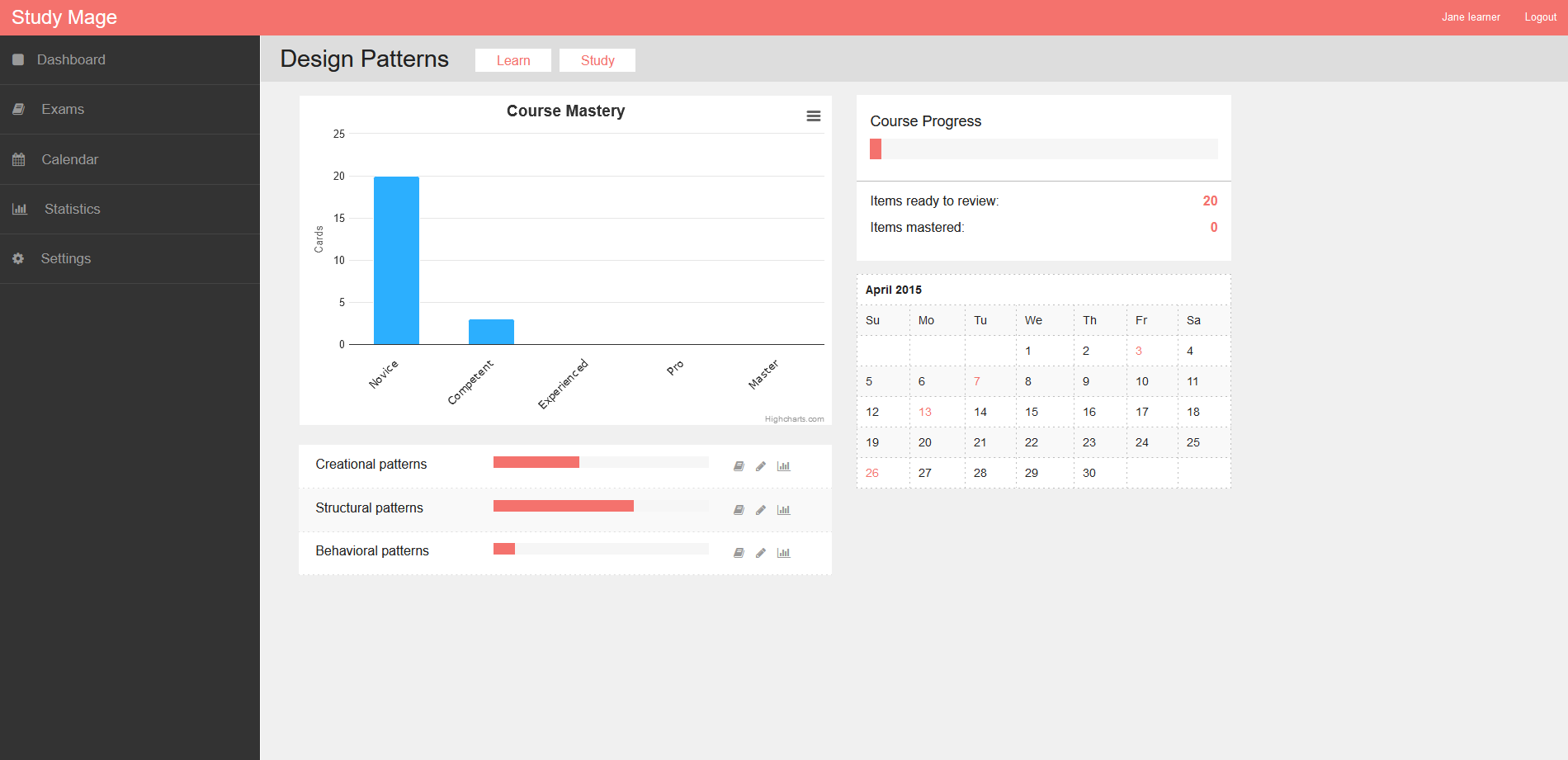 study mage app, course dashboard